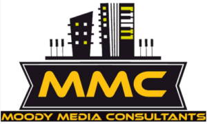 Moody Media logo with large gold MMC on black and guitar and keyboards